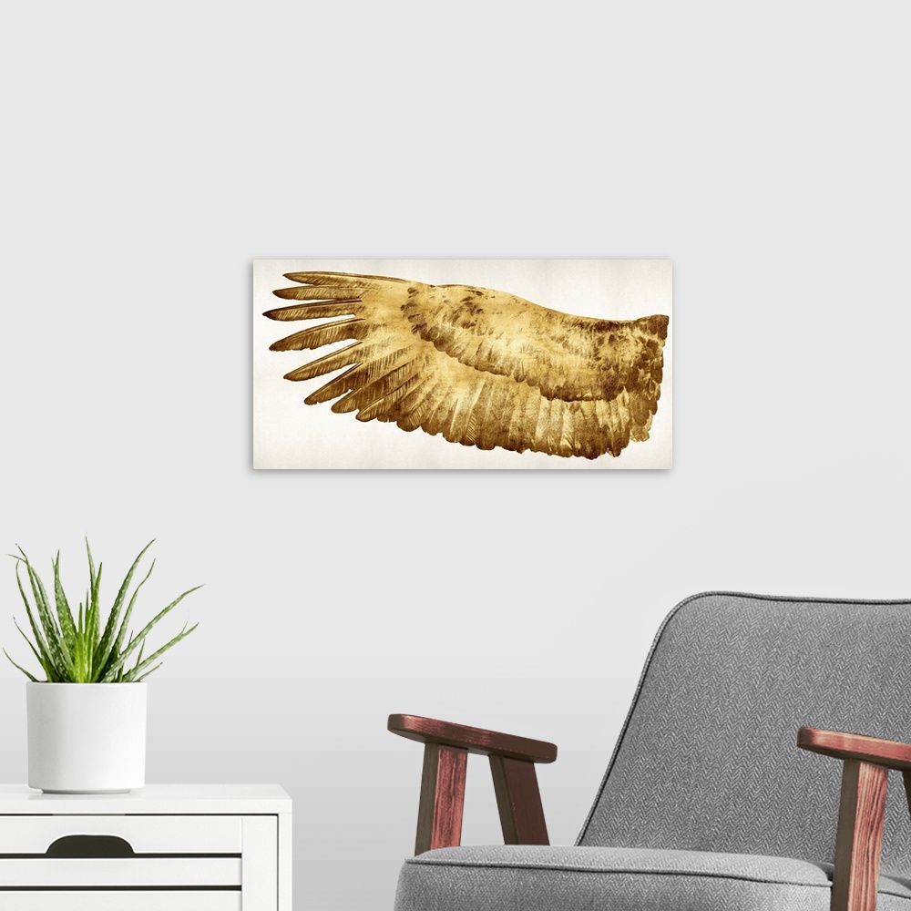 A modern room featuring A right golden wing on a solid white background.