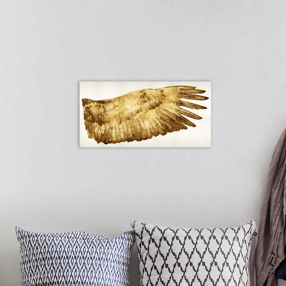 A bohemian room featuring A left golden wing on a solid white background.