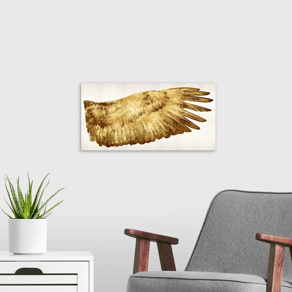 A modern room featuring A left golden wing on a solid white background.