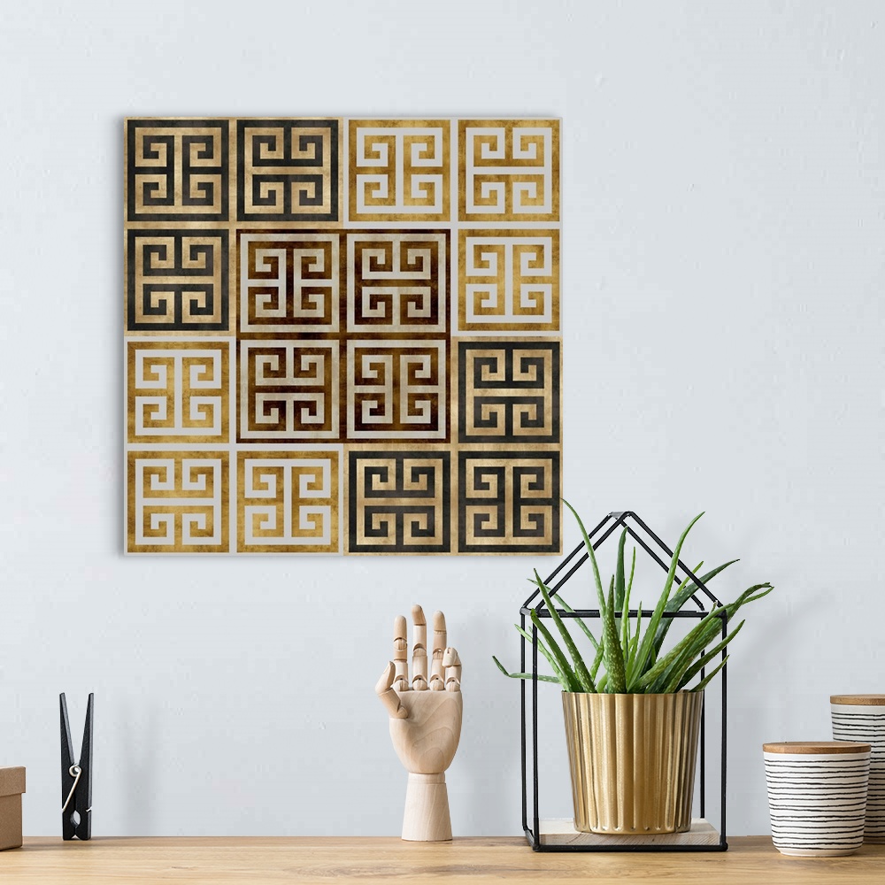A bohemian room featuring Square abstract illustration with square patterns in black and white on a gold background.