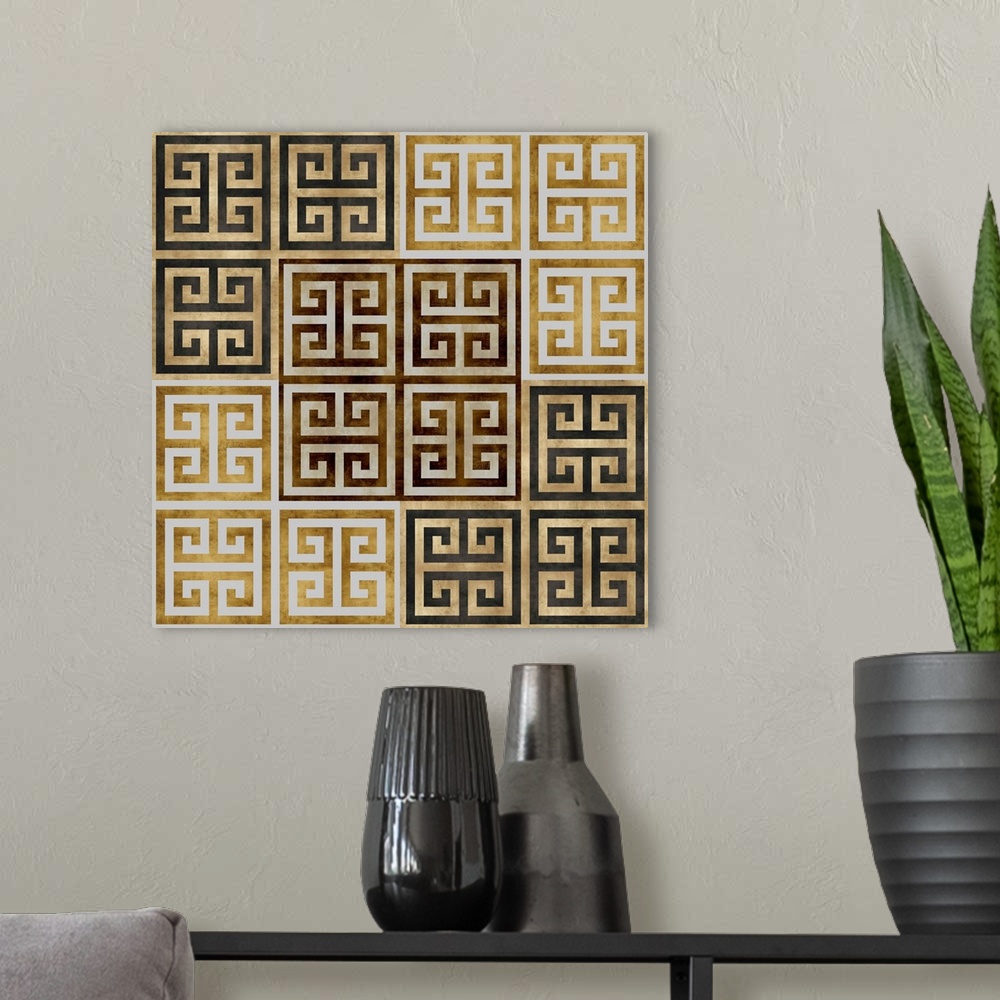 A modern room featuring Square abstract illustration with square patterns in black and white on a gold background.