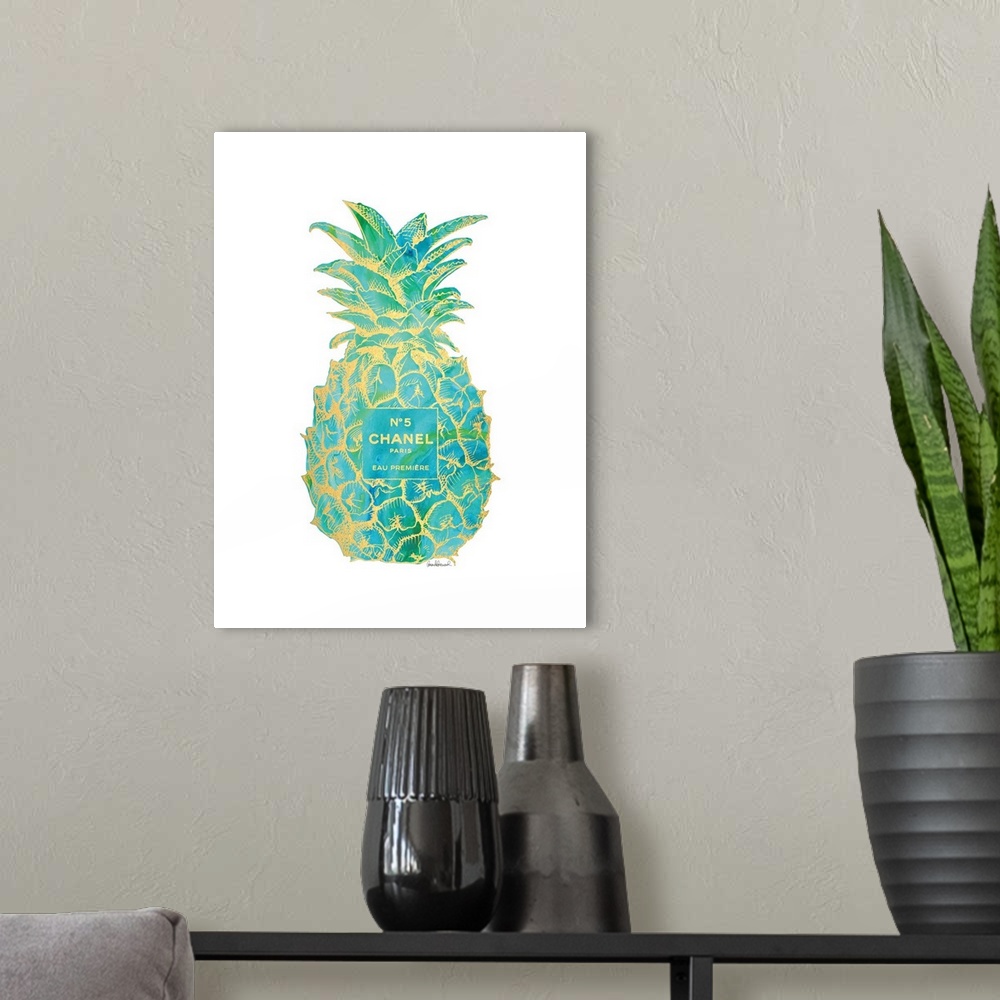 A modern room featuring Line art design of a pineapple with a No. 5 Chanel perfume label over it.