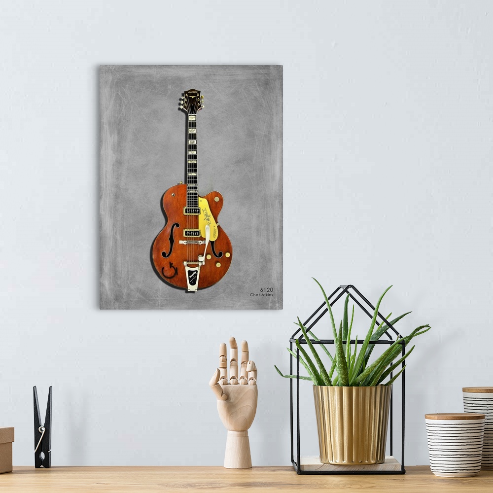 A bohemian room featuring Photograph of a Gretsch 6120 ChetAtkins 56 printed on a textured background in shades of gray.