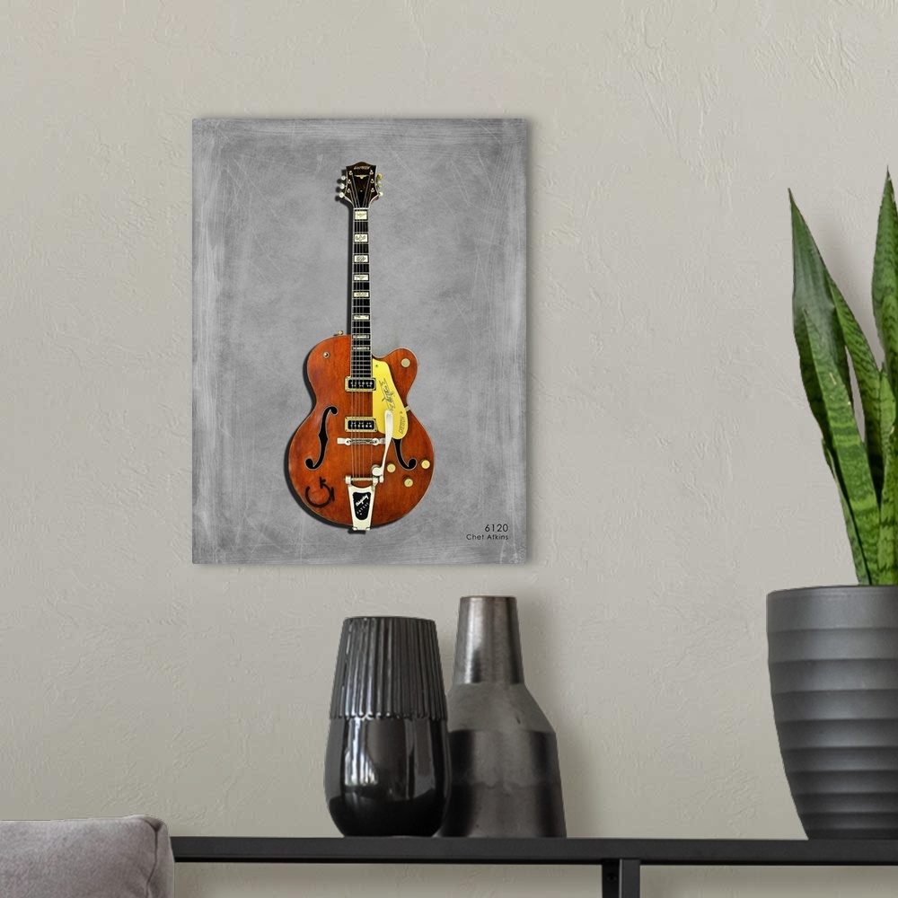 A modern room featuring Photograph of a Gretsch 6120 ChetAtkins 56 printed on a textured background in shades of gray.