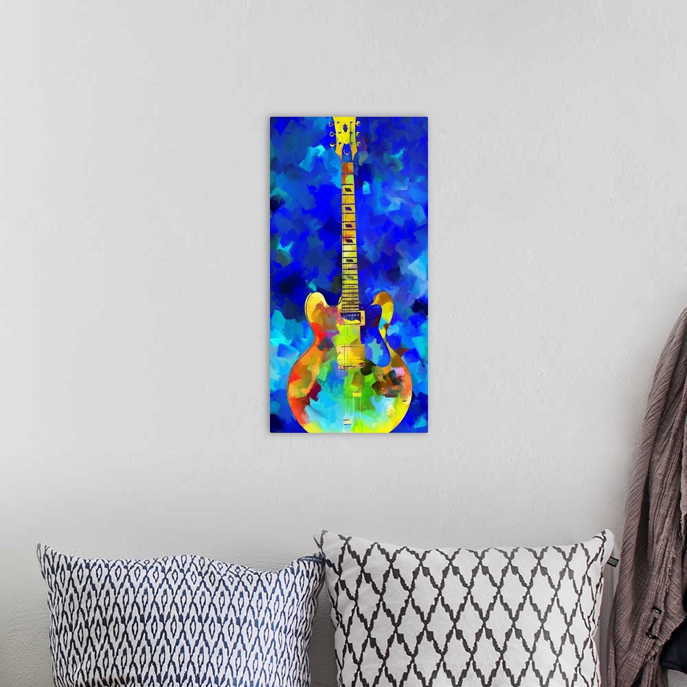 A bohemian room featuring Paneled painting of a guitar in an abstract style.