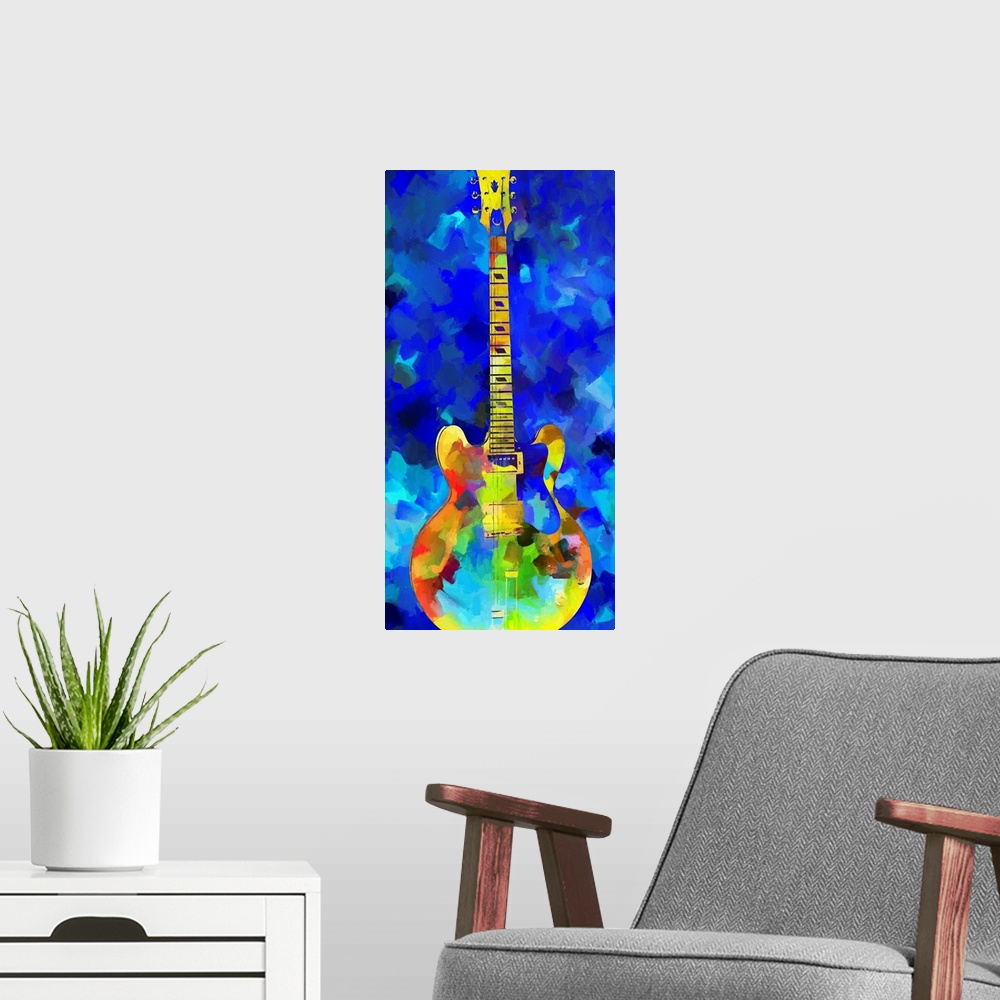 A modern room featuring Paneled painting of a guitar in an abstract style.