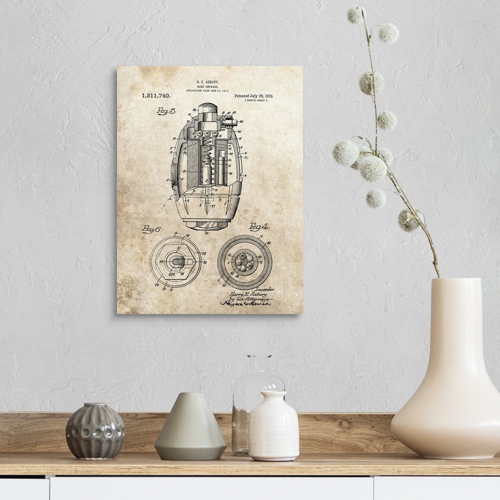 A farmhouse room featuring Antique style blueprint diagram of a Hand Grenade printed on an aged background.