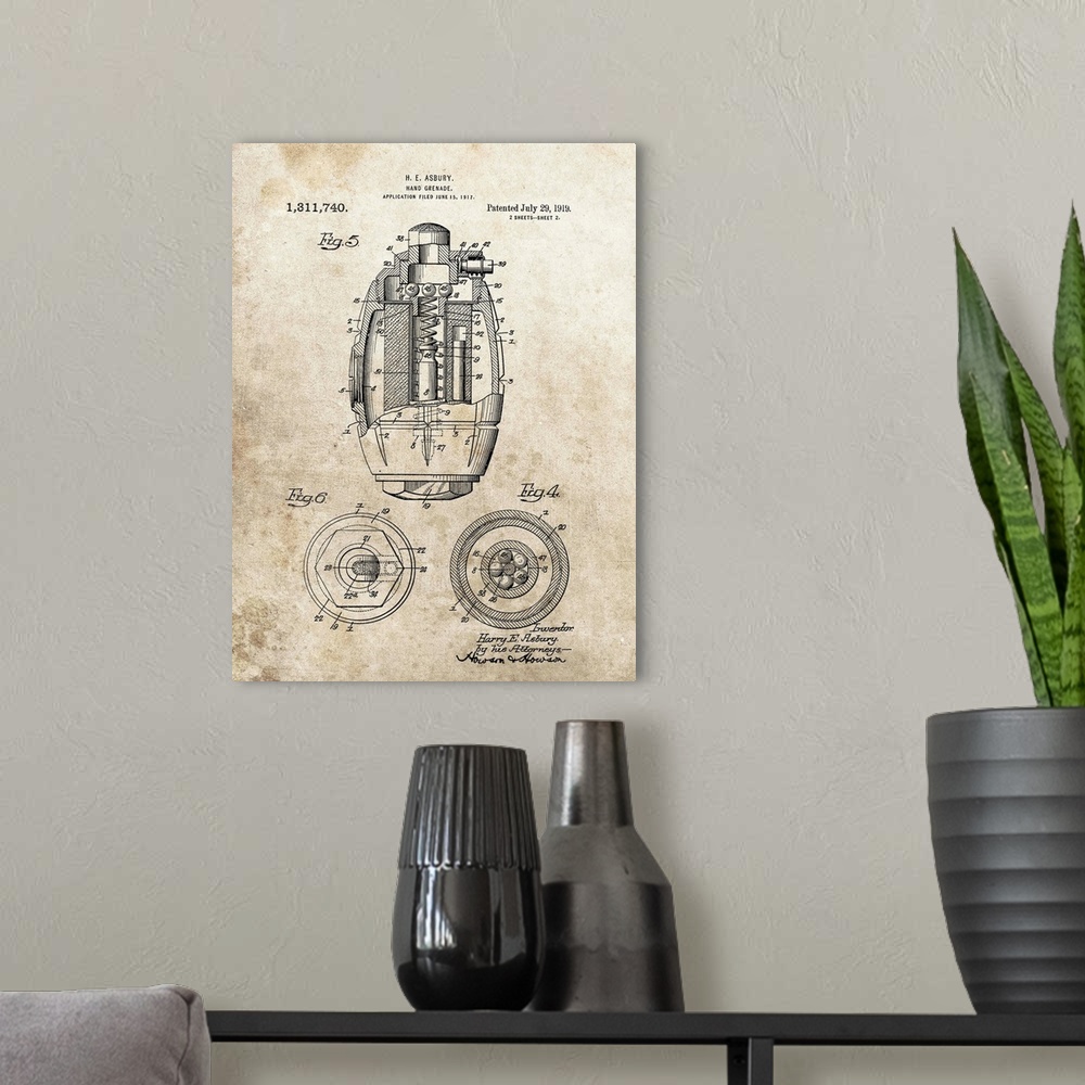 A modern room featuring Antique style blueprint diagram of a Hand Grenade printed on an aged background.