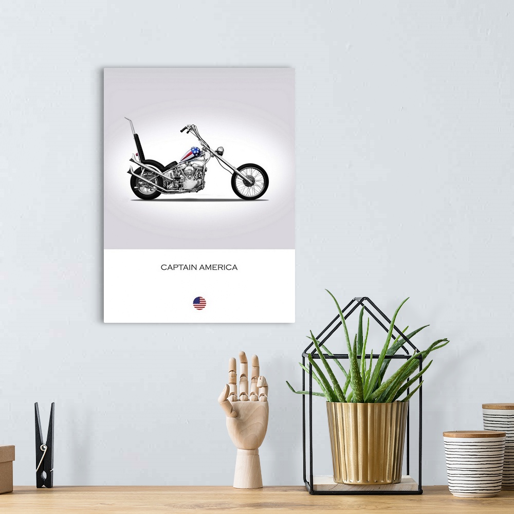 A bohemian room featuring Photograph of a Harley Davidson Captain America printed on a white and gray background.