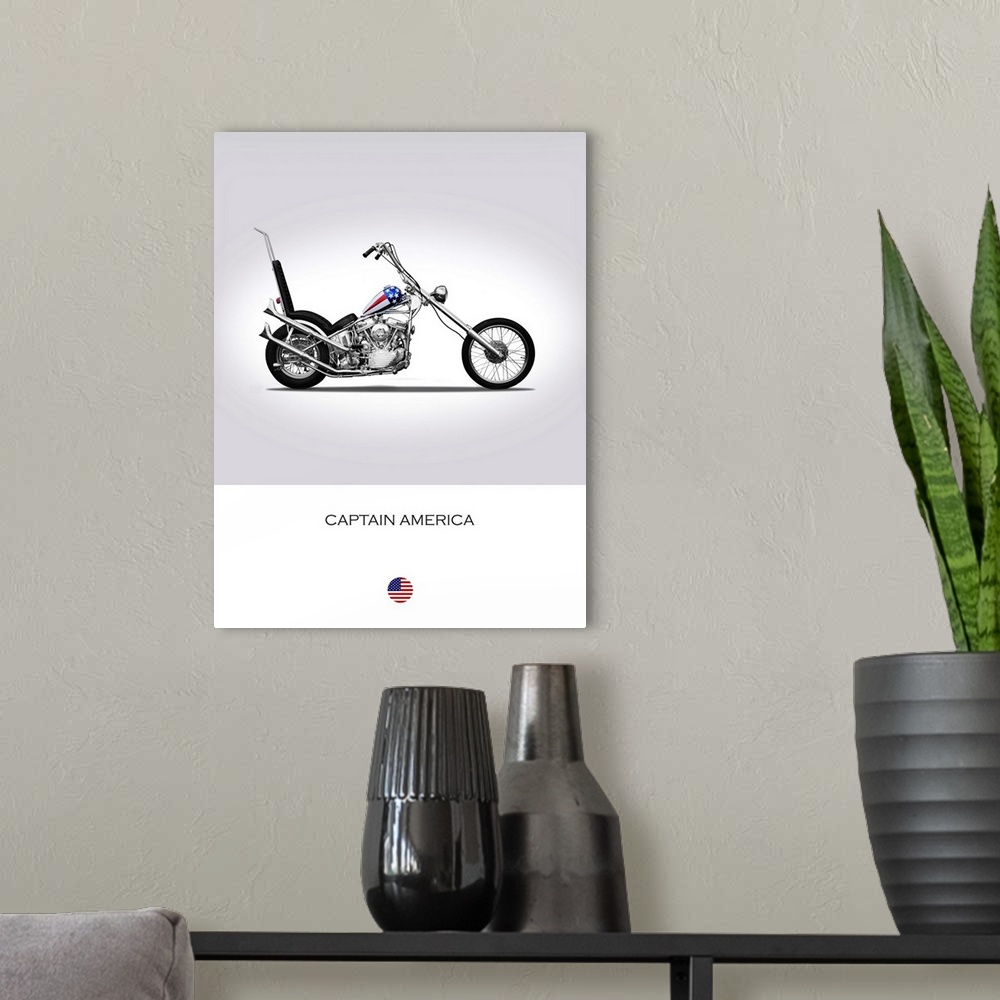 A modern room featuring Photograph of a Harley Davidson Captain America printed on a white and gray background.