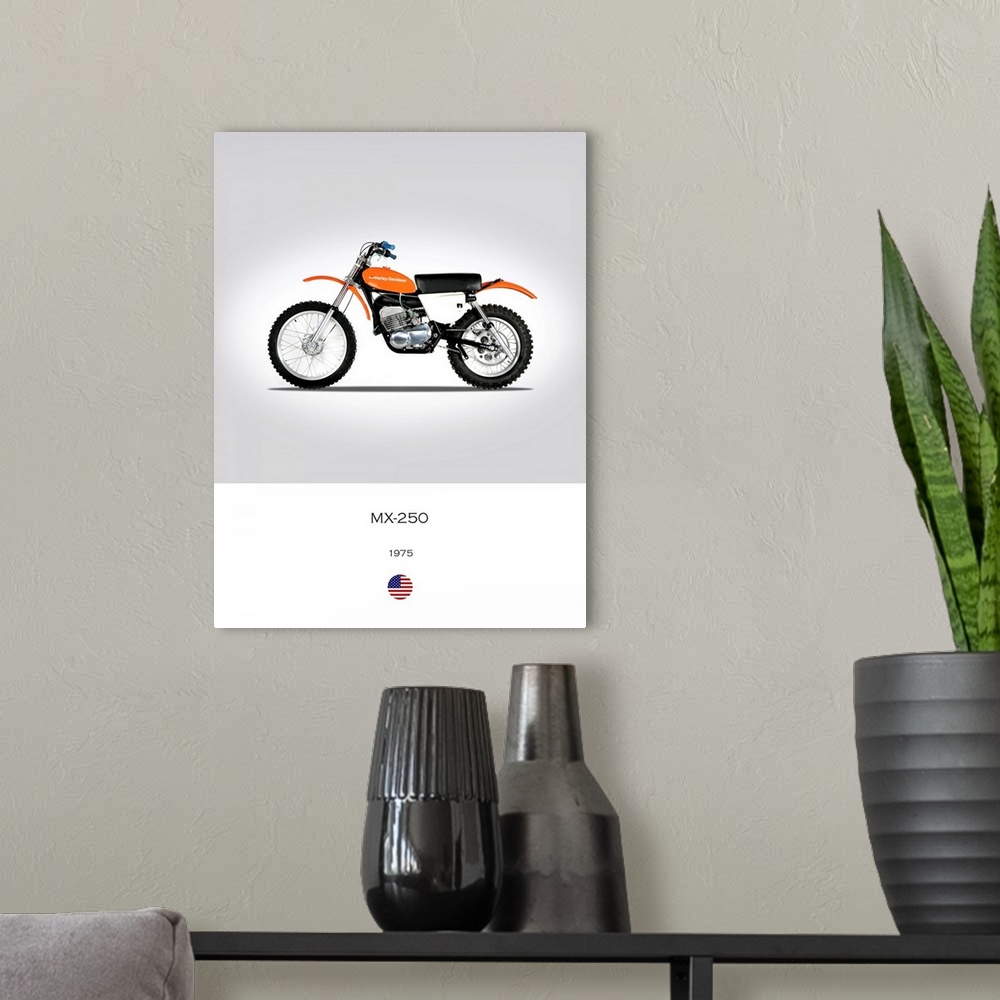 A modern room featuring Photograph of a Harley Davidson MX 250 1975 printed on a white and gray background.