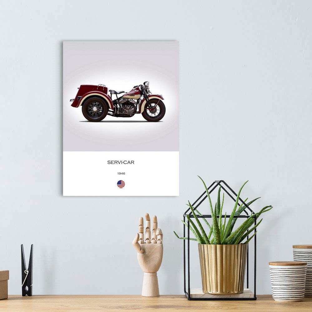 A bohemian room featuring Photograph of a Harley Davidson Servi Car 1946 printed on a white and gray background.