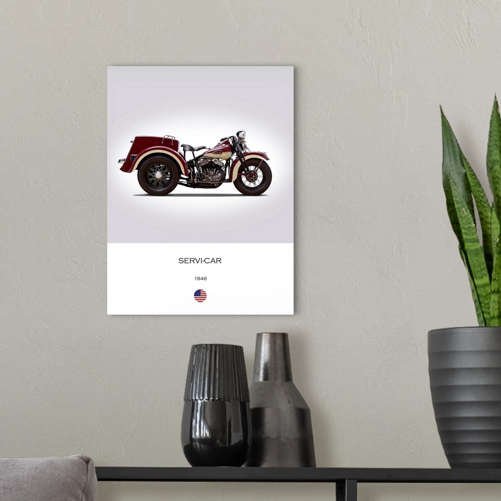 A modern room featuring Photograph of a Harley Davidson Servi Car 1946 printed on a white and gray background.