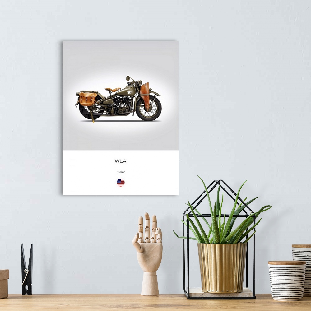 A bohemian room featuring Photograph of a Harley Davidson WLA 1942 printed on a white and gray background.