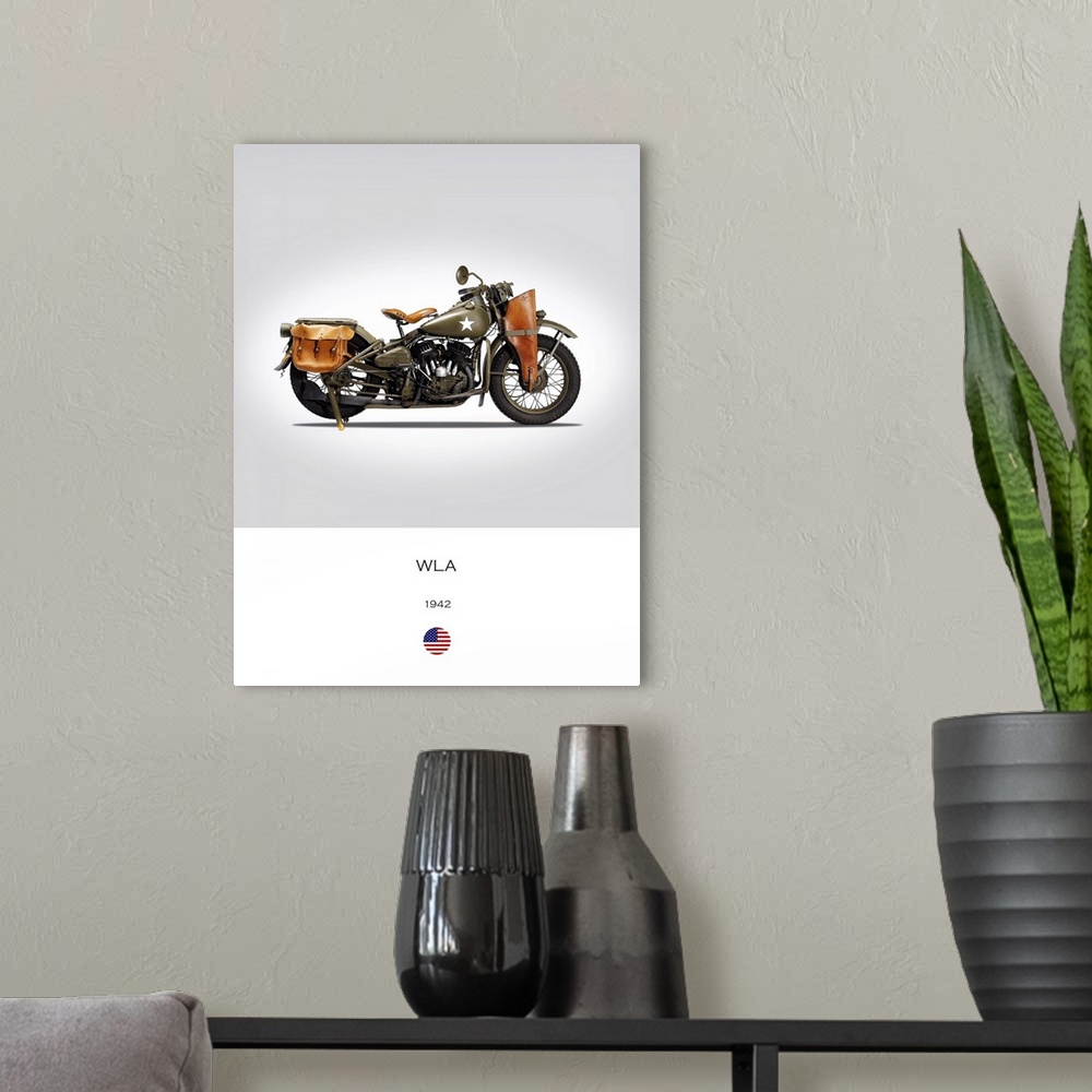 A modern room featuring Photograph of a Harley Davidson WLA 1942 printed on a white and gray background.