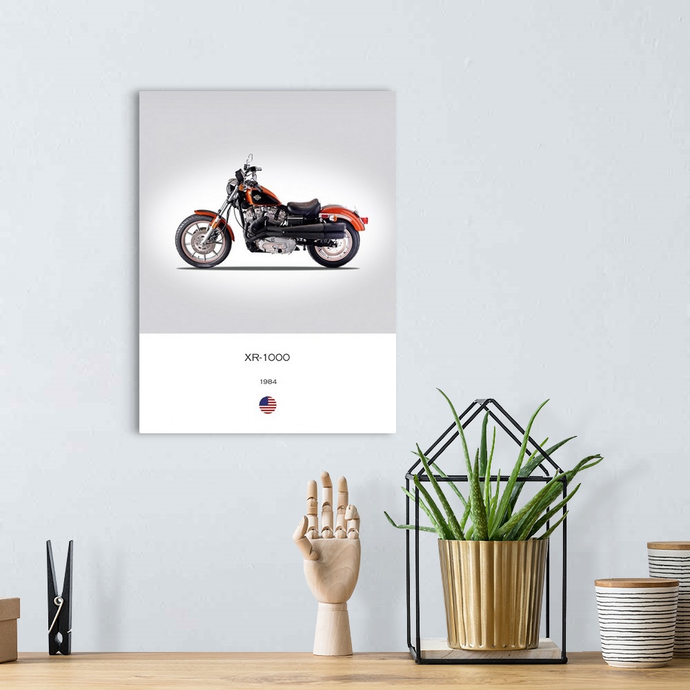 A bohemian room featuring Photograph of a Harley Davidson XR 1000 1984 printed on a white and gray background.