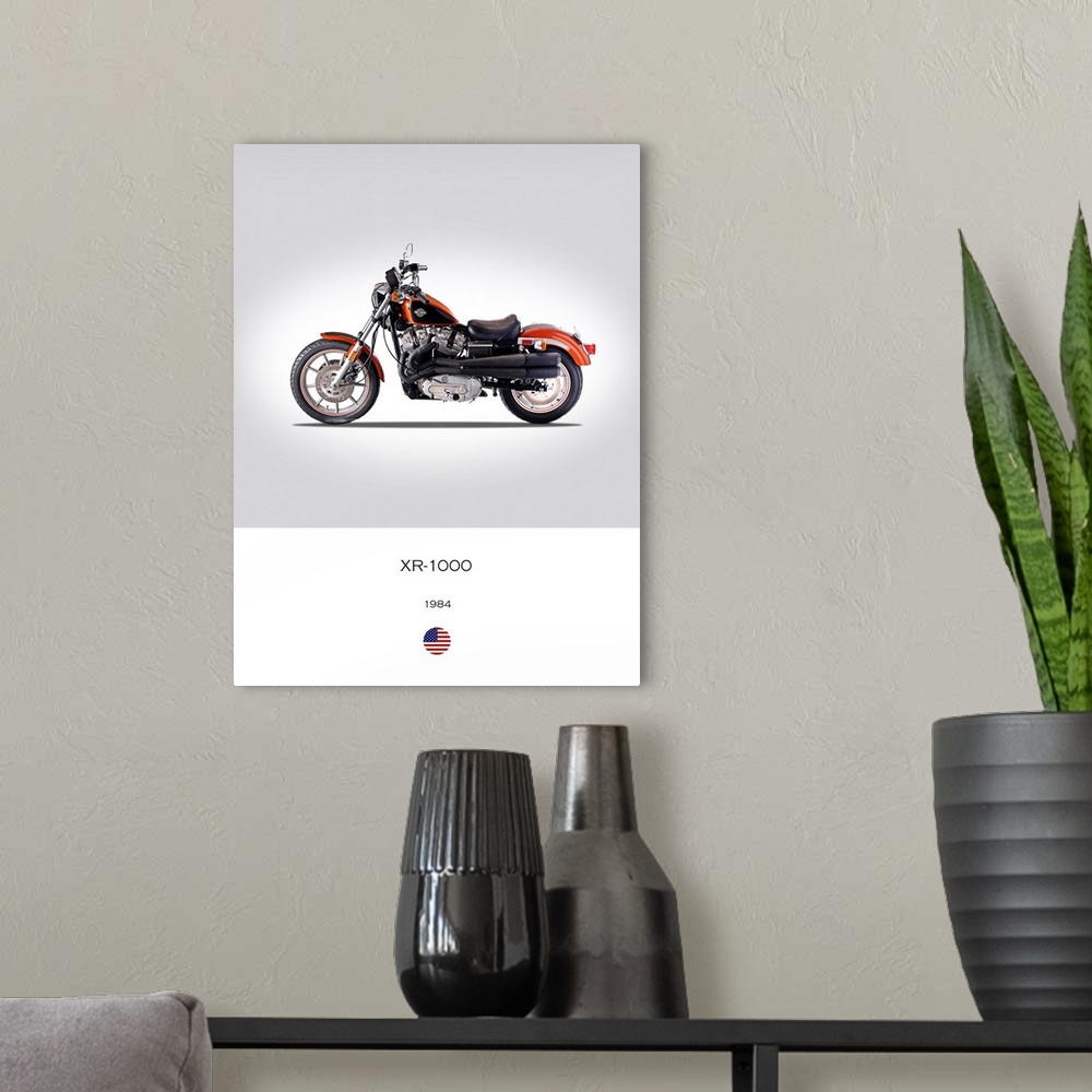 A modern room featuring Photograph of a Harley Davidson XR 1000 1984 printed on a white and gray background.