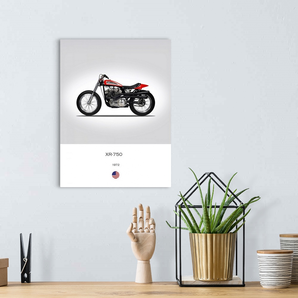 A bohemian room featuring Photograph of a Harley Davidson XR 750 1972 printed on a white and gray background.