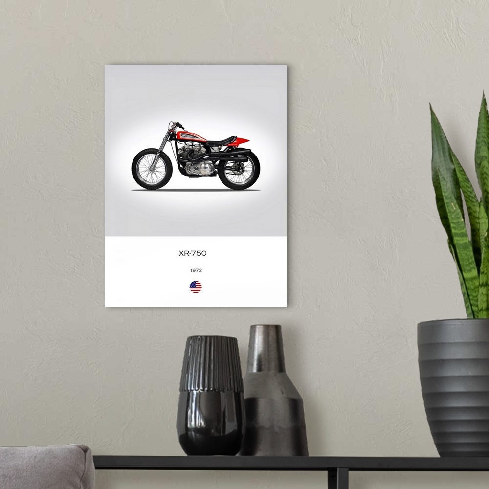 A modern room featuring Photograph of a Harley Davidson XR 750 1972 printed on a white and gray background.