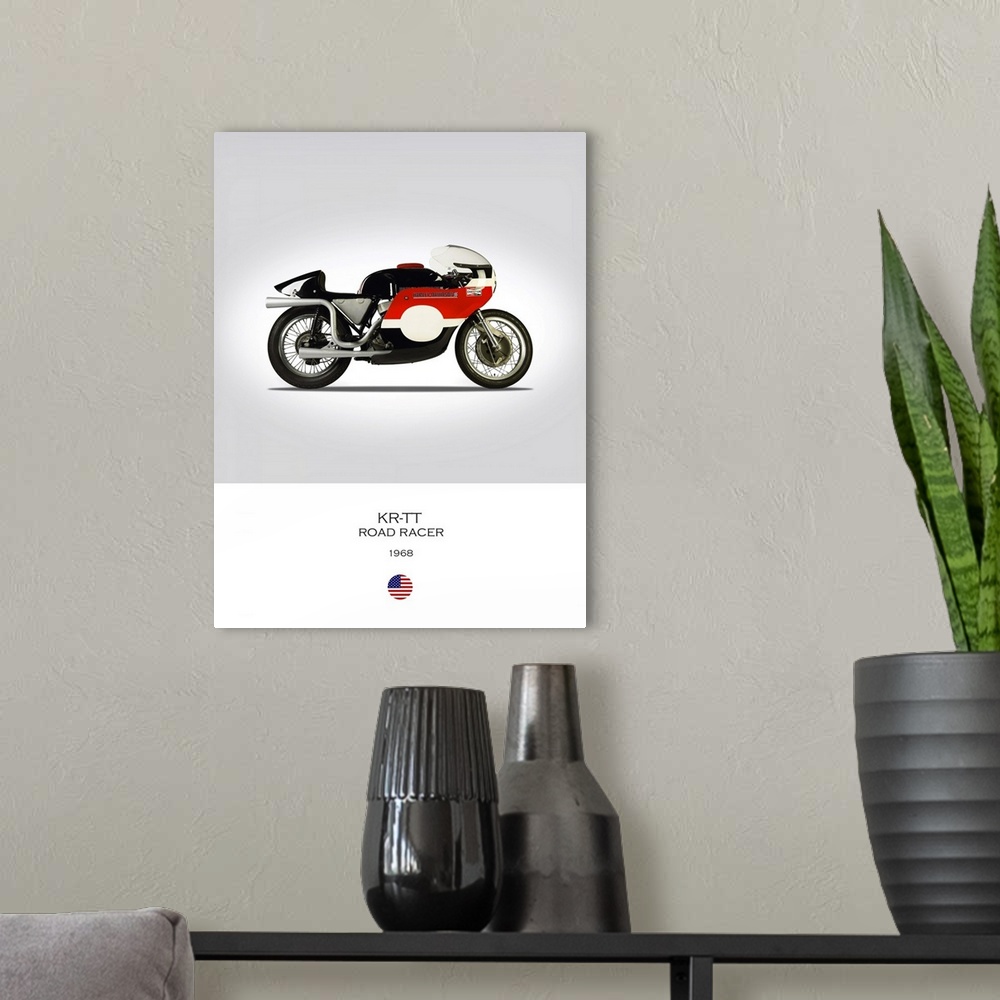 A modern room featuring Photograph of a HD KR TT Road Racer 1968 printed on a white and gray background.