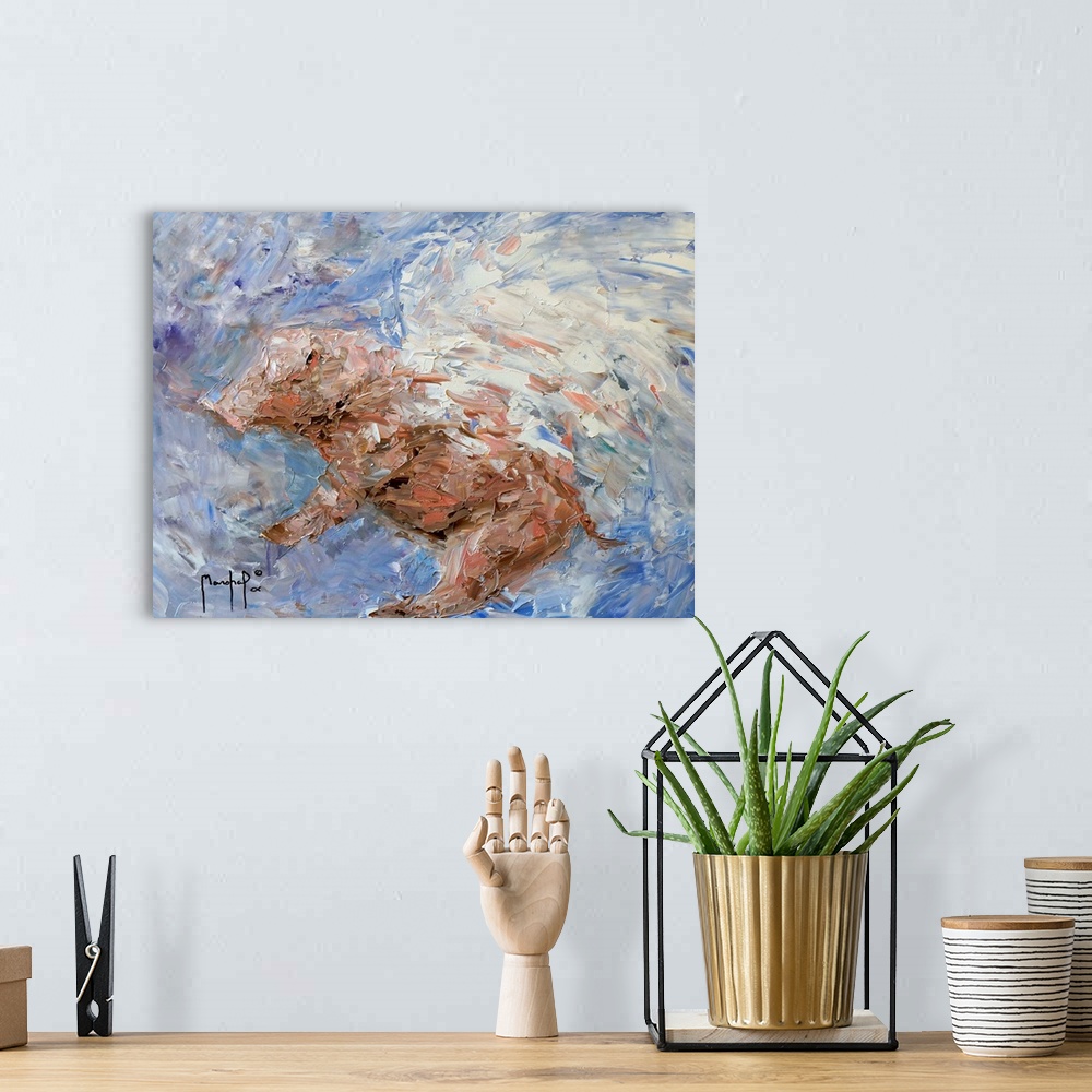 A bohemian room featuring Abstract painting of a pig with white wings flying in the sky.