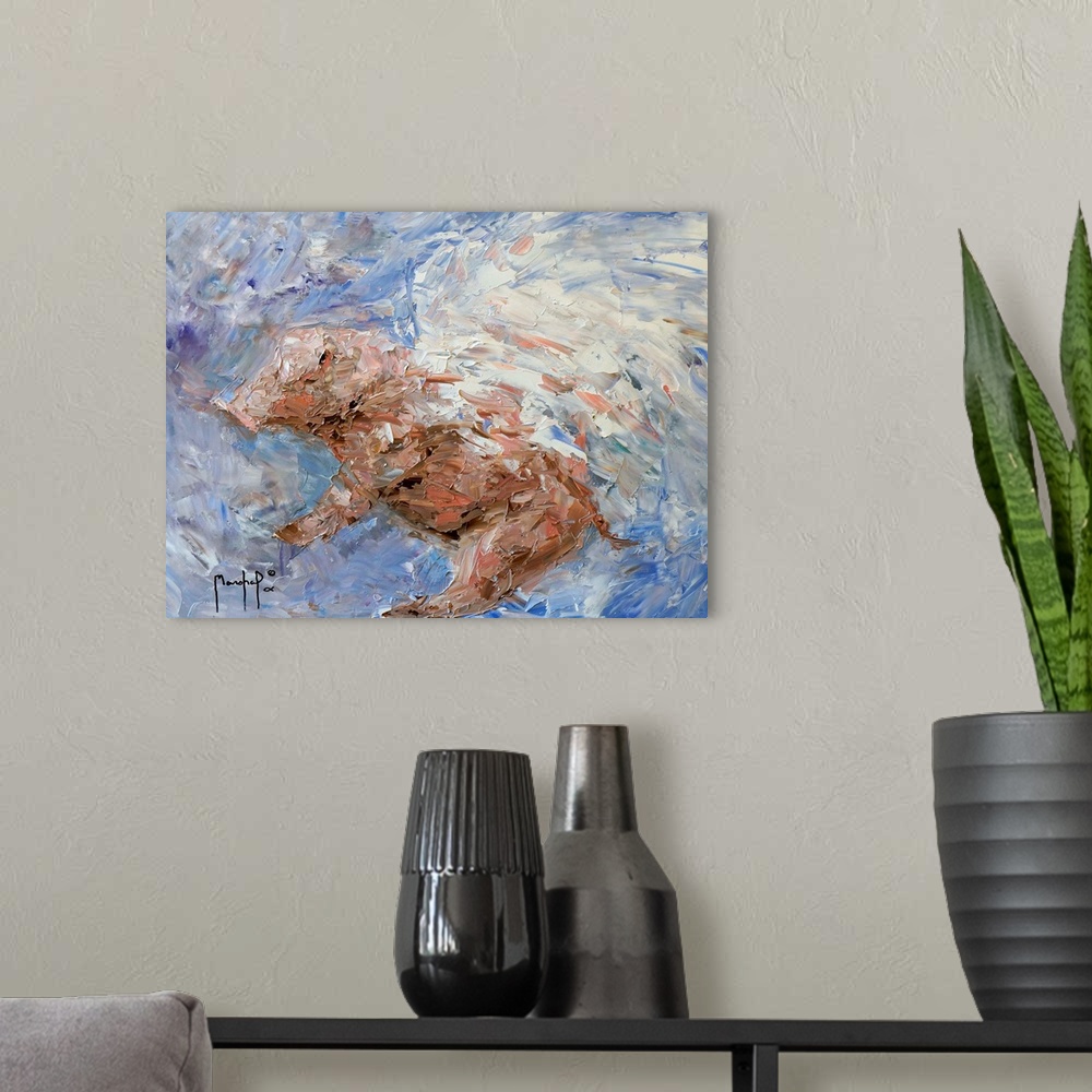 A modern room featuring Abstract painting of a pig with white wings flying in the sky.