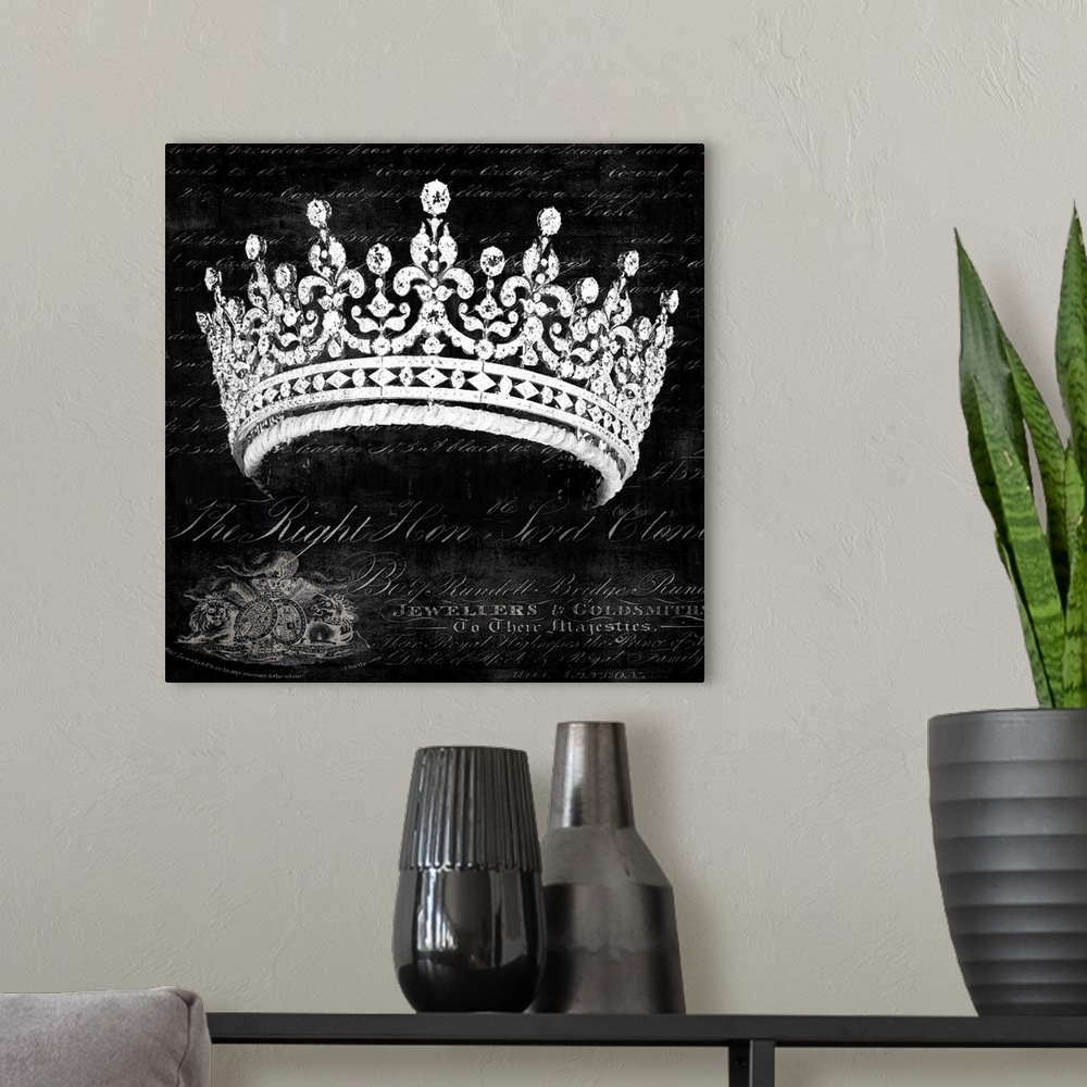 A modern room featuring Square decor with a silver crown in the foreground and white script on the black background.