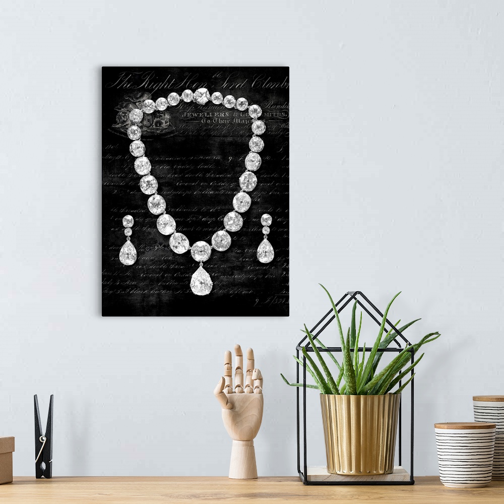 A bohemian room featuring Shiny decor with a diamond necklace and earrings on a black background with white script.