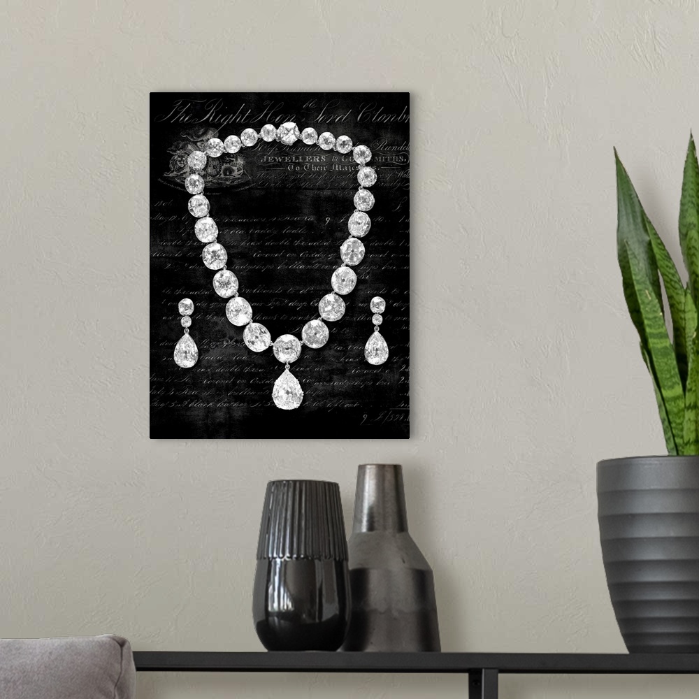 A modern room featuring Shiny decor with a diamond necklace and earrings on a black background with white script.