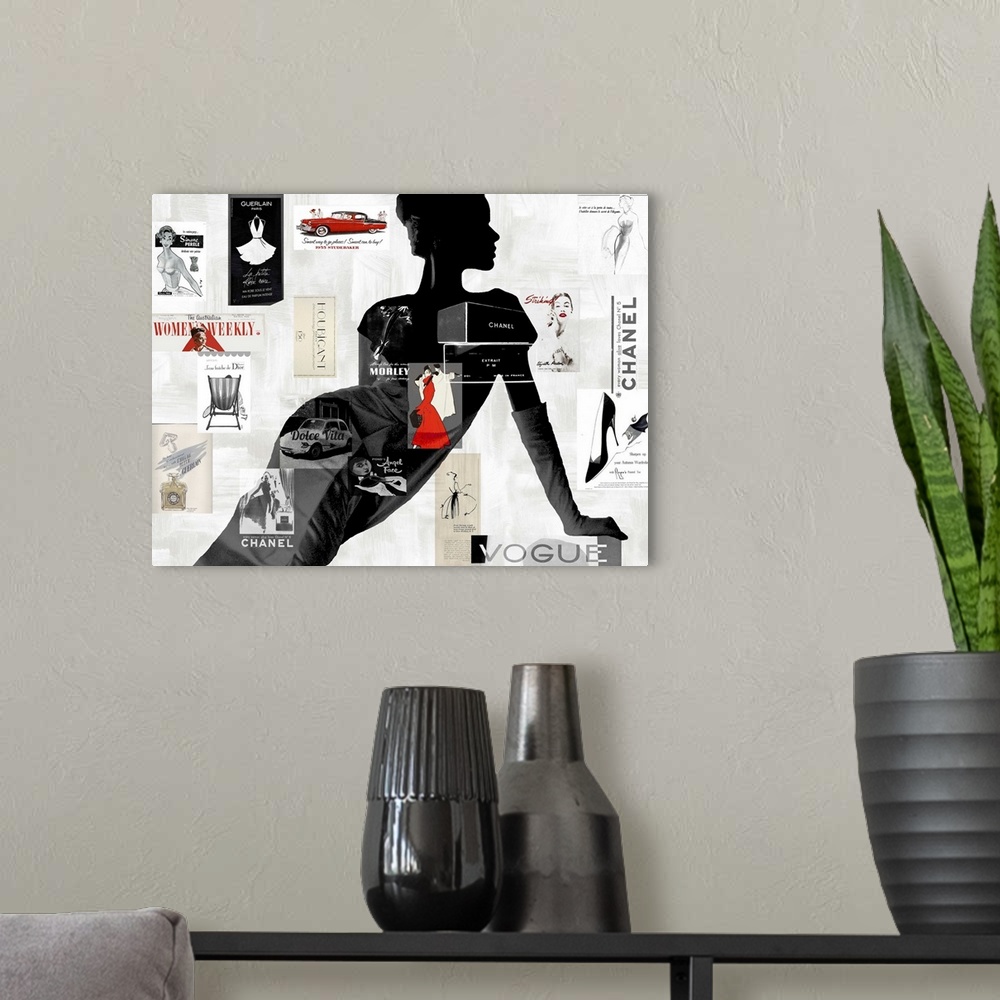 A modern room featuring Large collage art with a black and gray silhouette of a woman on a white background with designer...