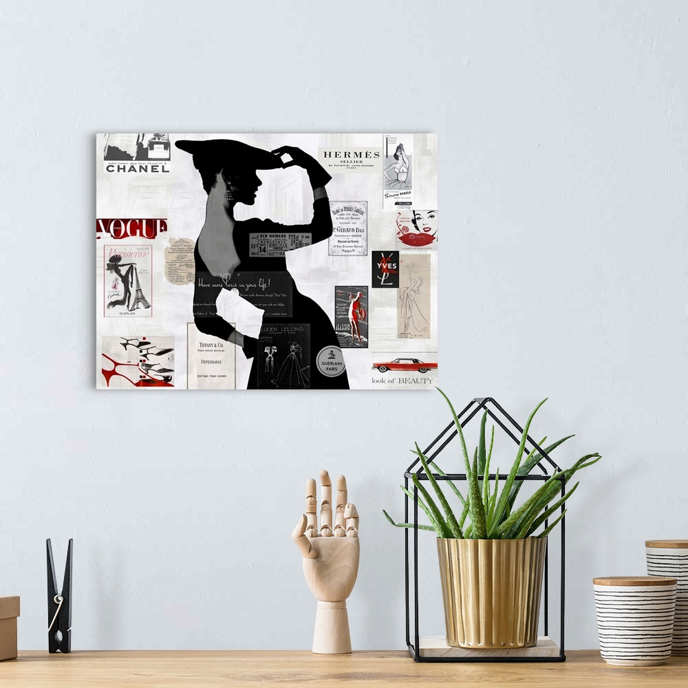 A bohemian room featuring Large collage art with a black and gray silhouette of a woman on a white background with designer...