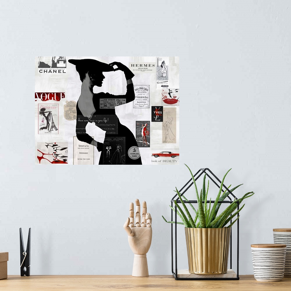 A bohemian room featuring Large collage art with a black and gray silhouette of a woman on a white background with designer...