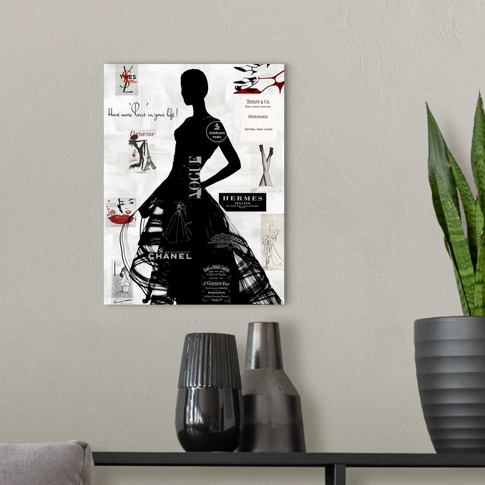 A modern room featuring Large collage art with a black and gray silhouette of a woman on a white background with designer...