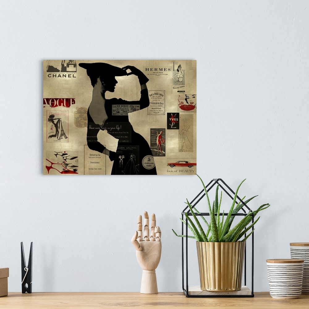 A bohemian room featuring Large collage art with a black and gray silhouette of a woman on a gold background with designer ...