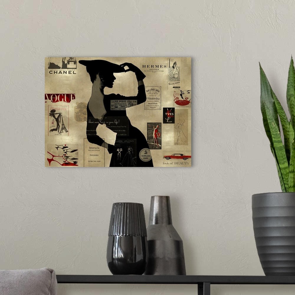A modern room featuring Large collage art with a black and gray silhouette of a woman on a gold background with designer ...