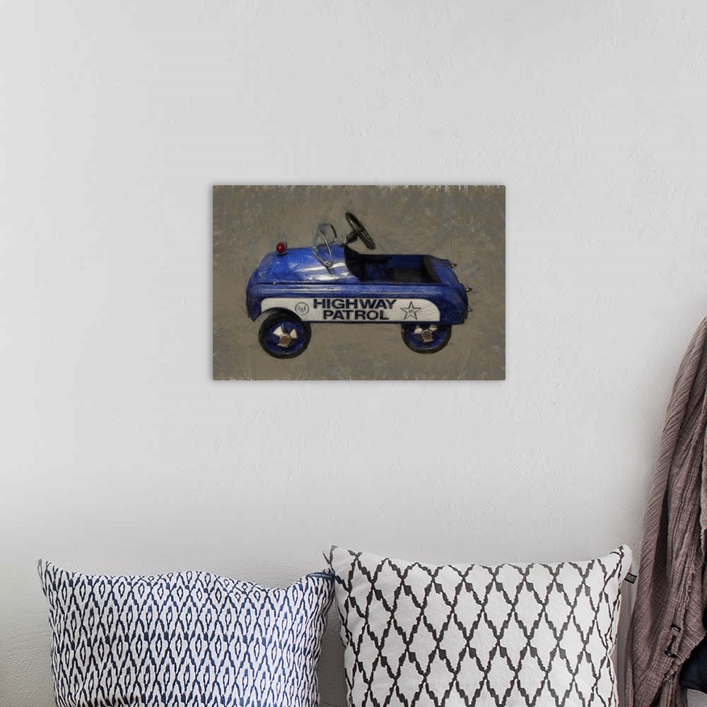A bohemian room featuring Highway Patrol Pedal Car