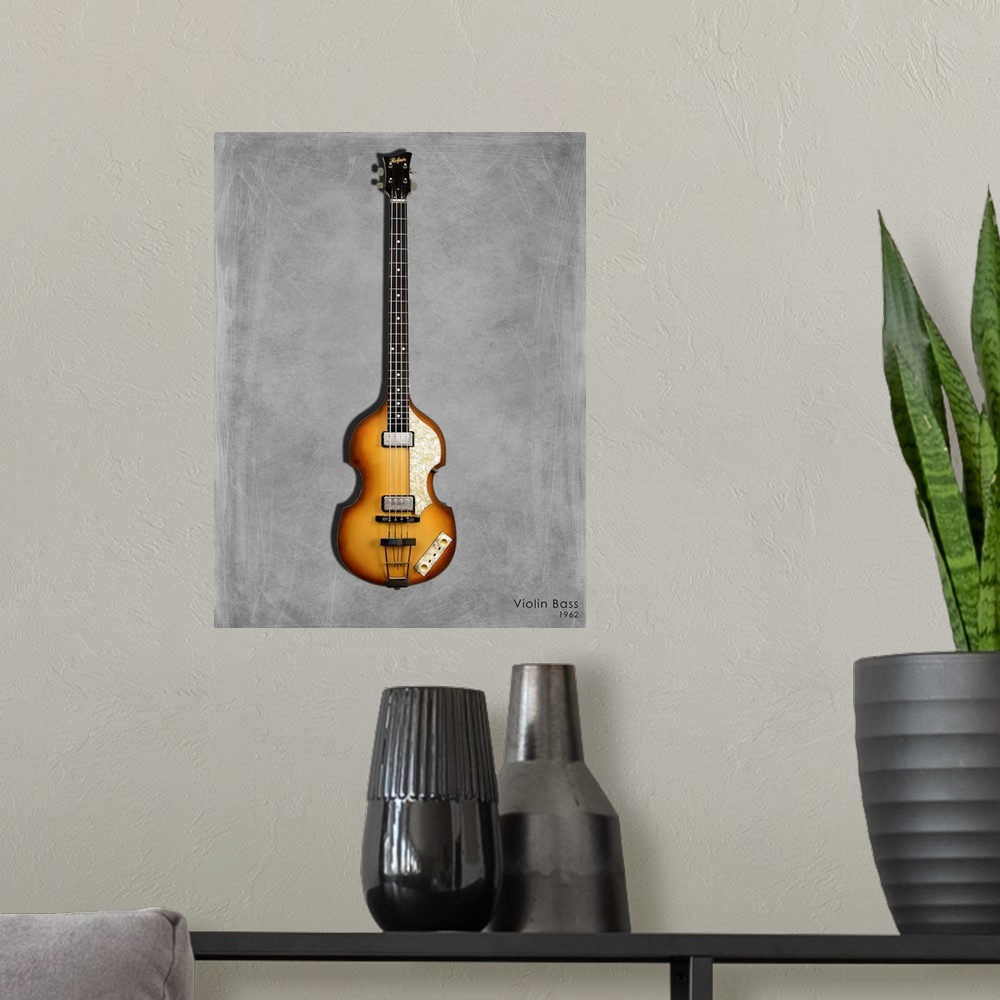 A modern room featuring Photograph of a Hofner Violin Bass 62 printed on a textured background in shades of gray.