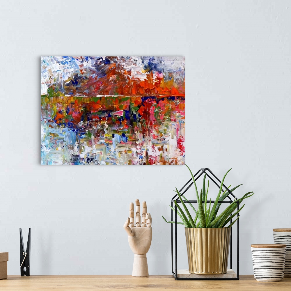 A bohemian room featuring Abstract landscape painting of a colorful horizon line created with small, layered brushstrokes.