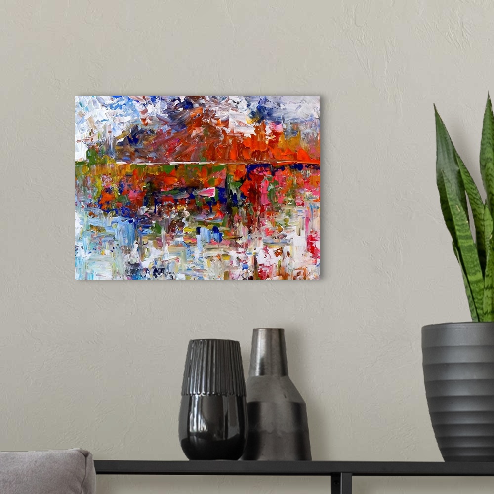 A modern room featuring Abstract landscape painting of a colorful horizon line created with small, layered brushstrokes.