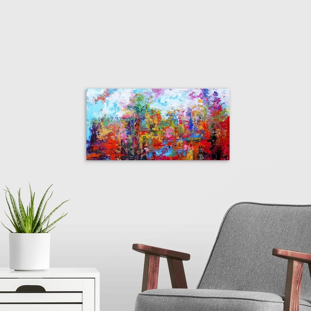 A modern room featuring Abstract painting of colorful trees created with small, layered brushstrokes in every direction.