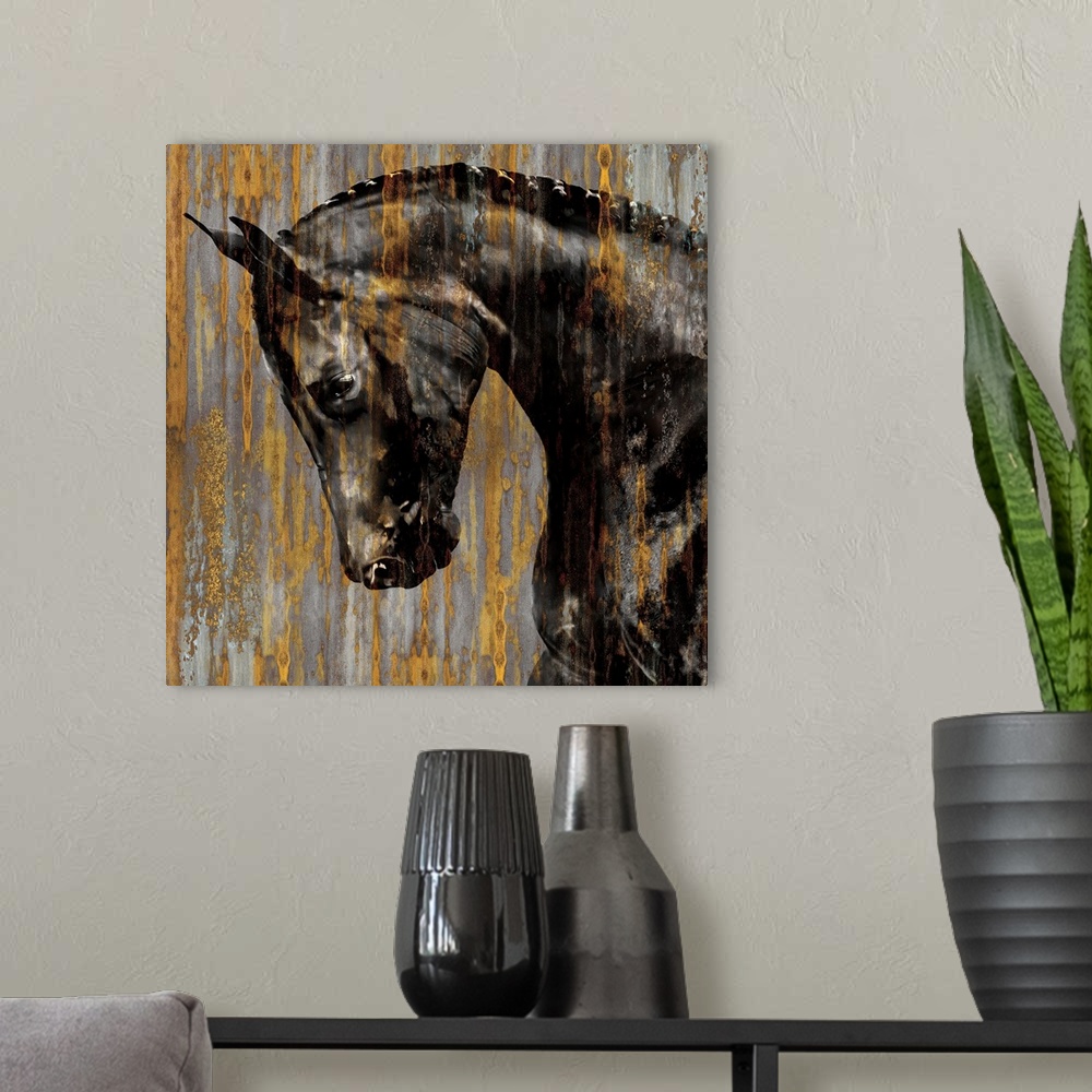 A modern room featuring Square decor of a black stallion with its head down on a silver background and gold streaks runni...