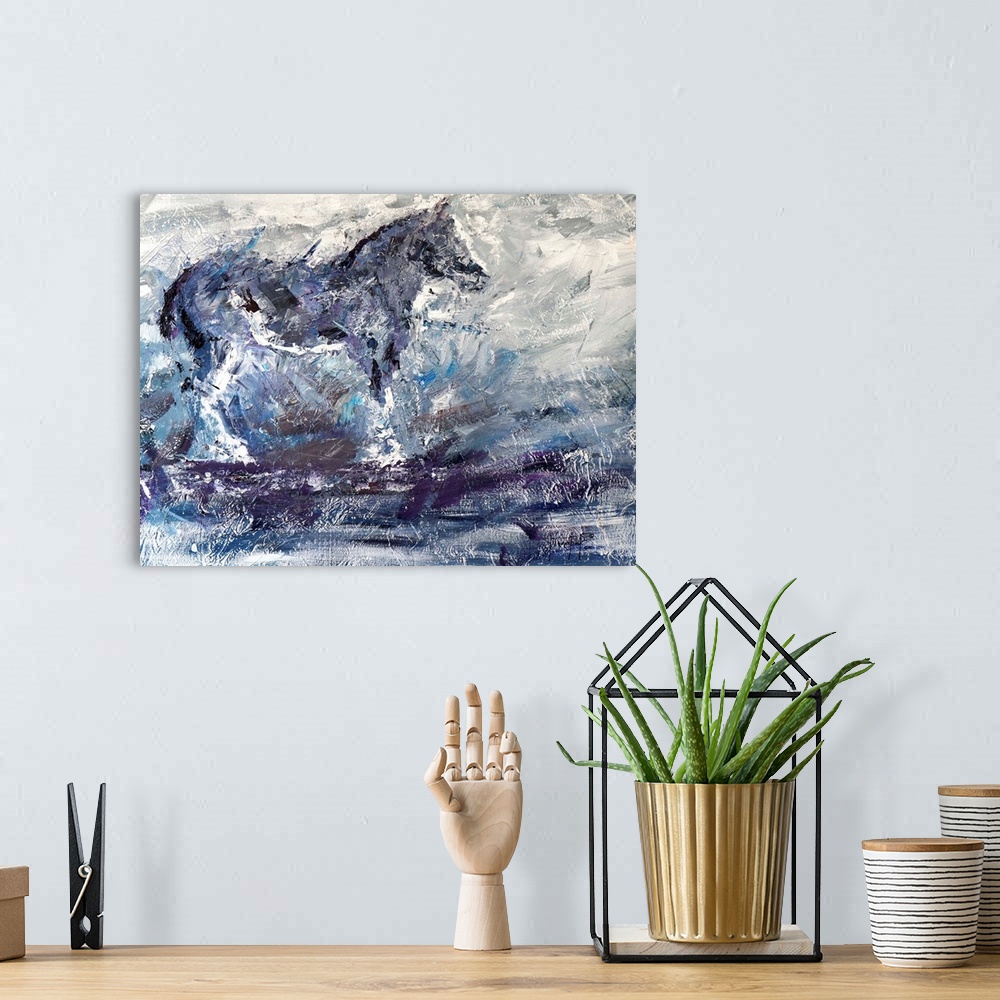 A bohemian room featuring Abstract painting of a horse in shades of blue, gray, purple, and white.