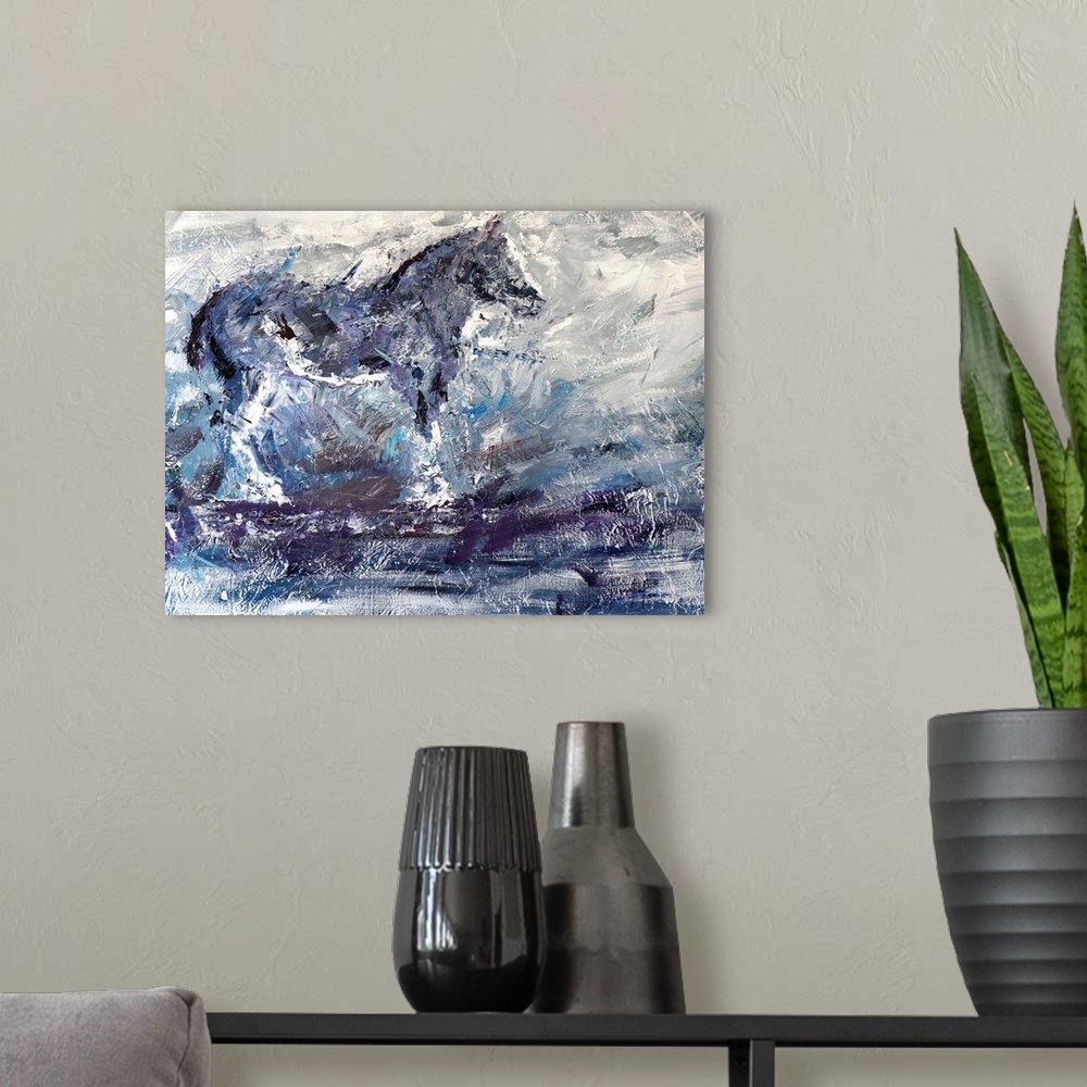 A modern room featuring Abstract painting of a horse in shades of blue, gray, purple, and white.