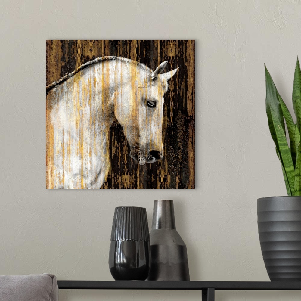 A modern room featuring Square decor with an image of a white horse with gold paint falling down the canvas, on a black b...