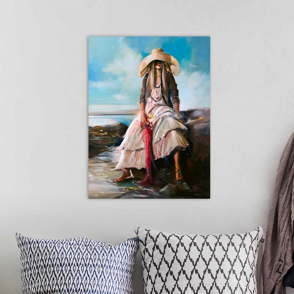 A bohemian room featuring Painting of a woman in a large hat, relaxing on a rock, at the beach.