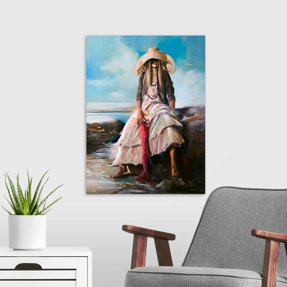 A modern room featuring Painting of a woman in a large hat, relaxing on a rock, at the beach.