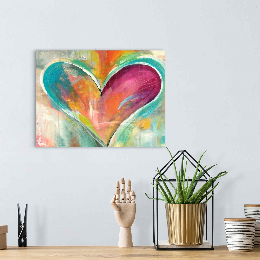 A bohemian room featuring Full of warmth and emotion, this heart artwork is shaped by varying brush strokes bright purples ...