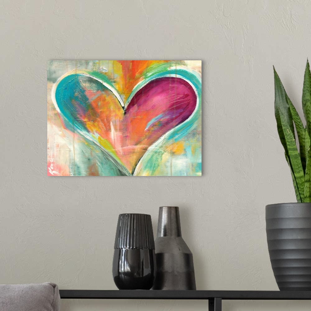 A modern room featuring Full of warmth and emotion, this heart artwork is shaped by varying brush strokes bright purples ...
