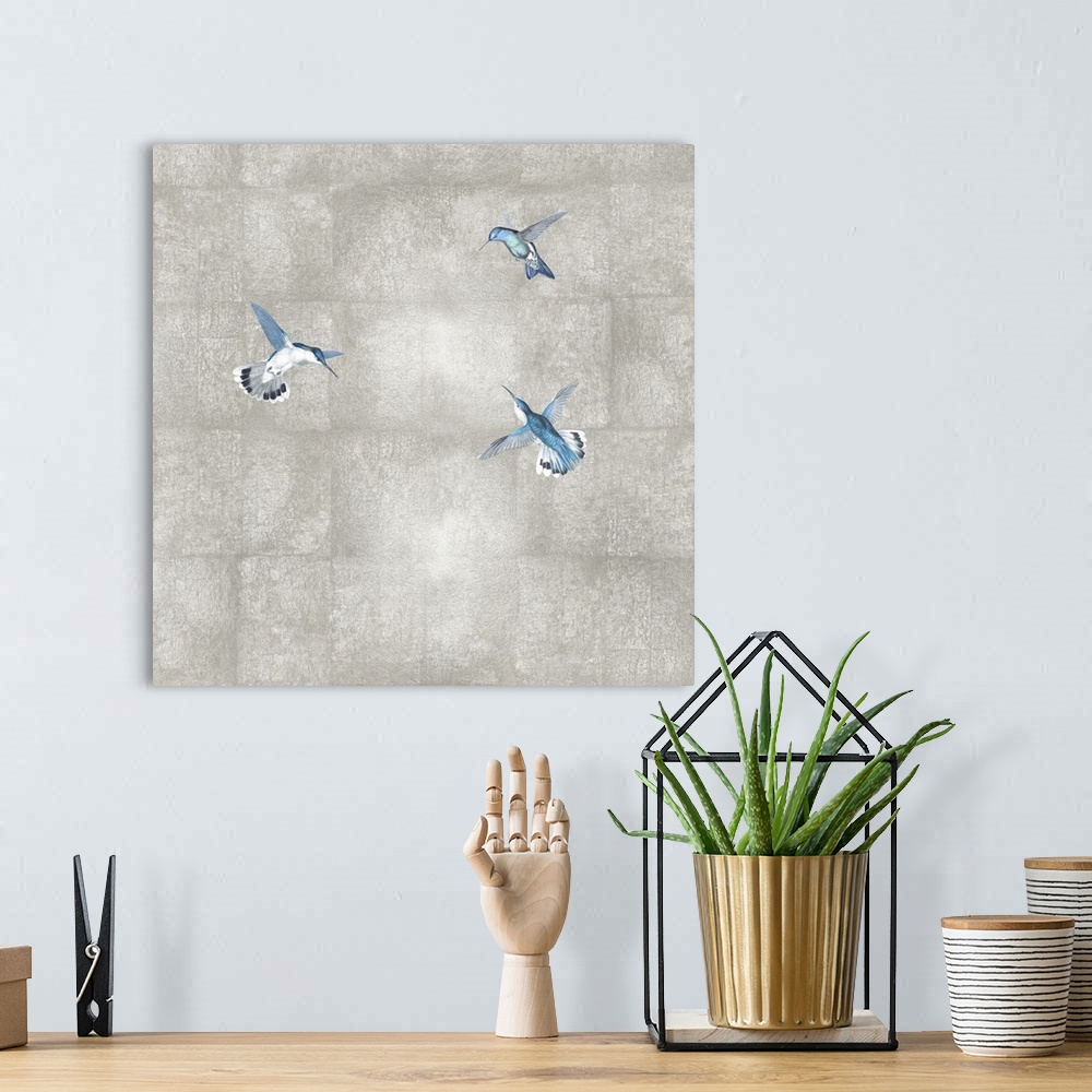 A bohemian room featuring Hummingbirds Blue On Silver I