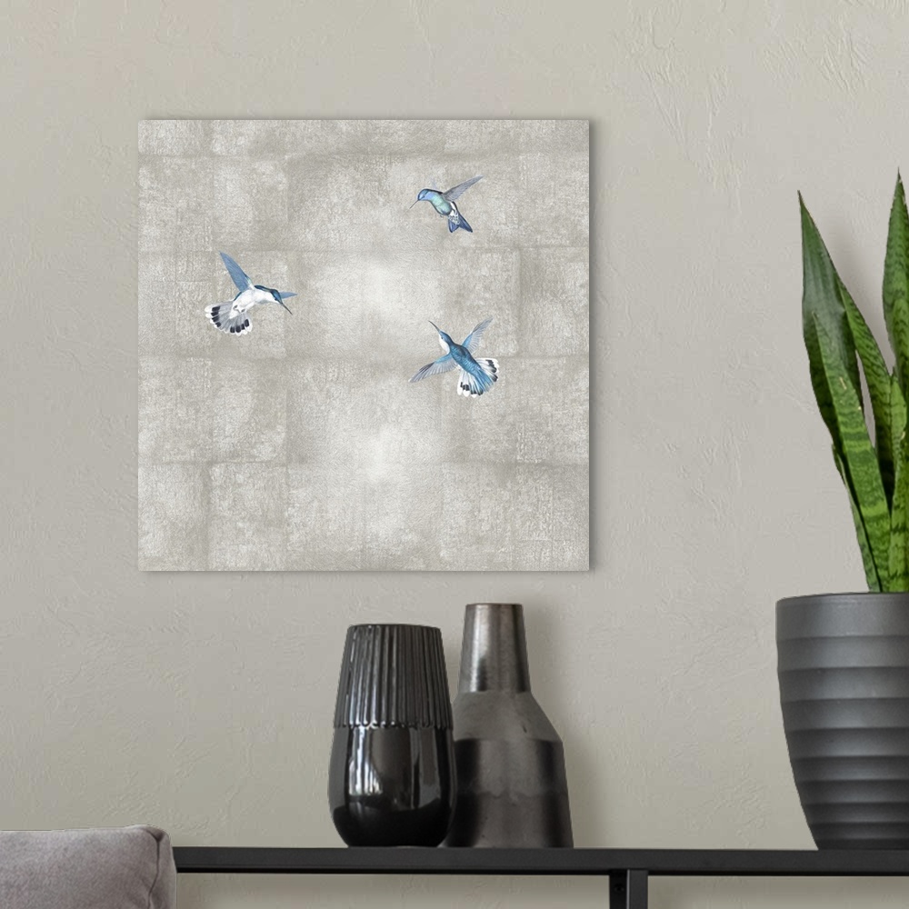 A modern room featuring Hummingbirds Blue On Silver I